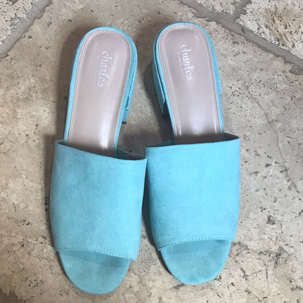 Turquoise slides with block heels